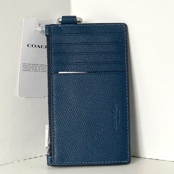 Coach CJ879 Zip Card Case Deep Blue Leather Wallet D-Ring Clip Keyring Unisex - Picture 2 of 7